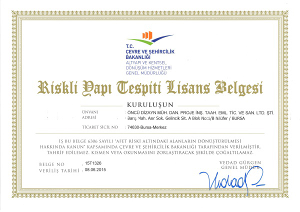 Riskli Yapı Tespiti Lisans Belgesi